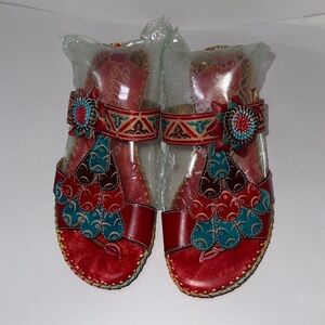 Corky's Elite leather Hand painted Sandal Navajo Size 8 Red Bohemian
